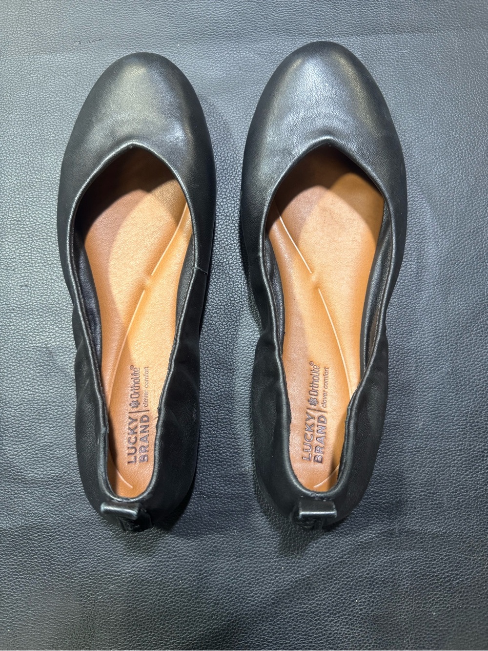 Lucky Brand Black Leather Ballet Flats with Tan Insole